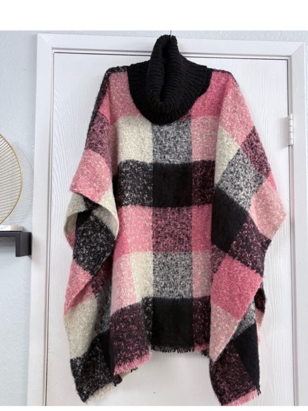 Juicy Couture Pink Black White Plaid Turtleneck Poncho One Size